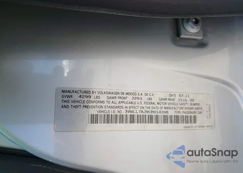 2012 Volkswagen Jetta 2.0L Tdi z USA, uszkodzony, nr VIN 3VWLL7AJ9CM014398